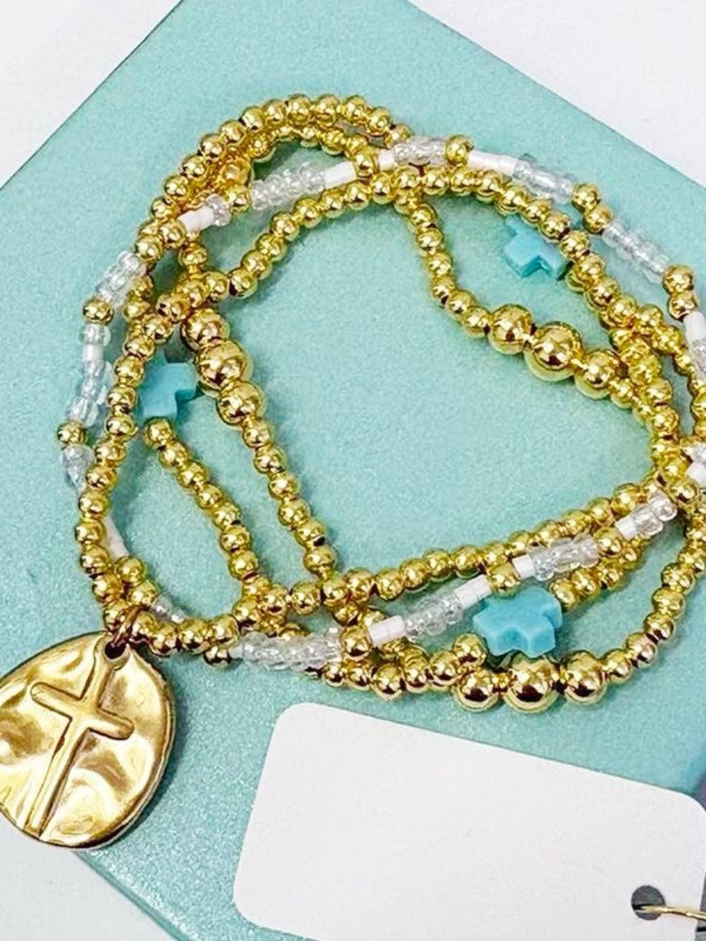 Gold Tone Stretch Bracelet Set with Turquoise Cross Accents